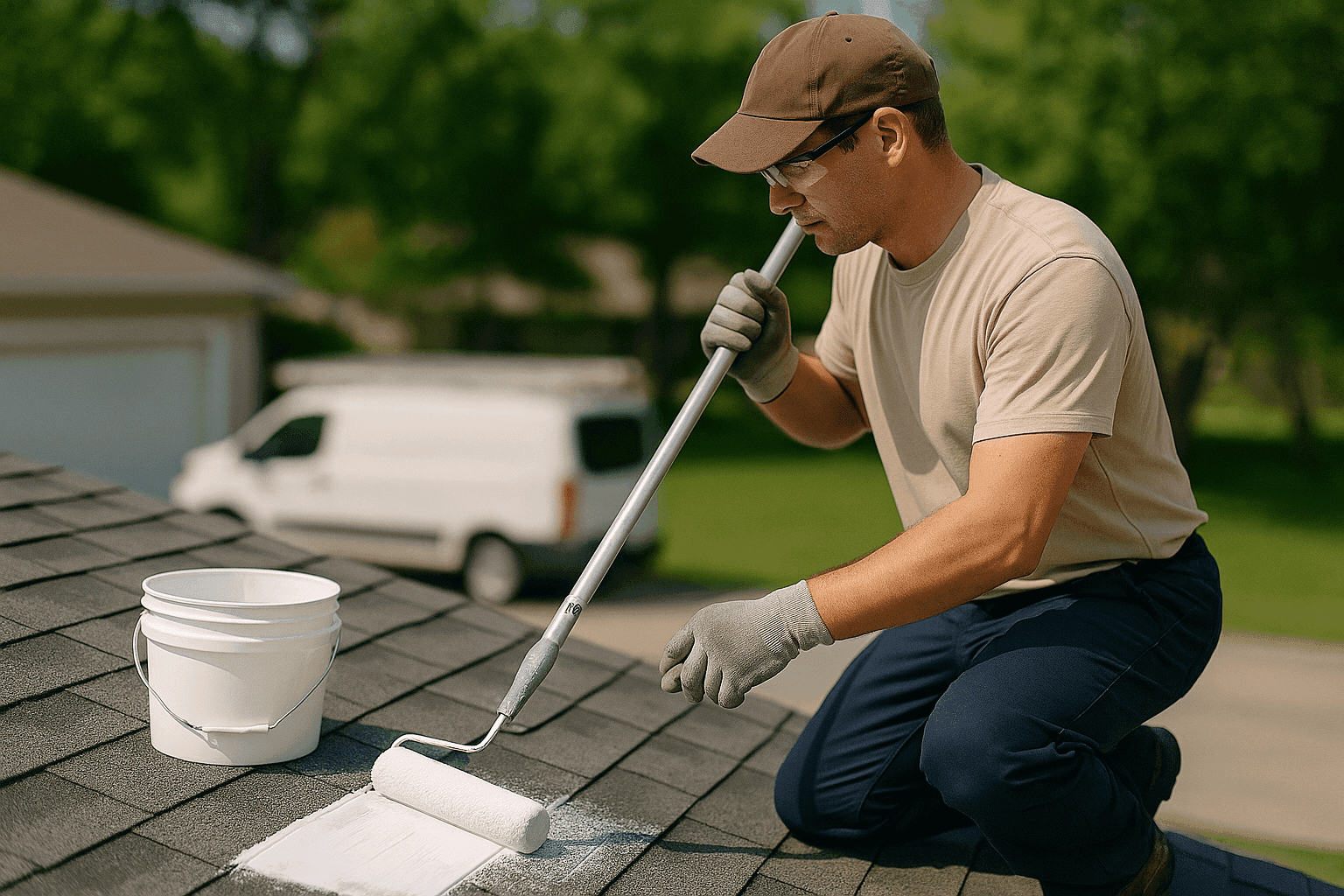Roofer applying protective sealant coating on a shingle roof