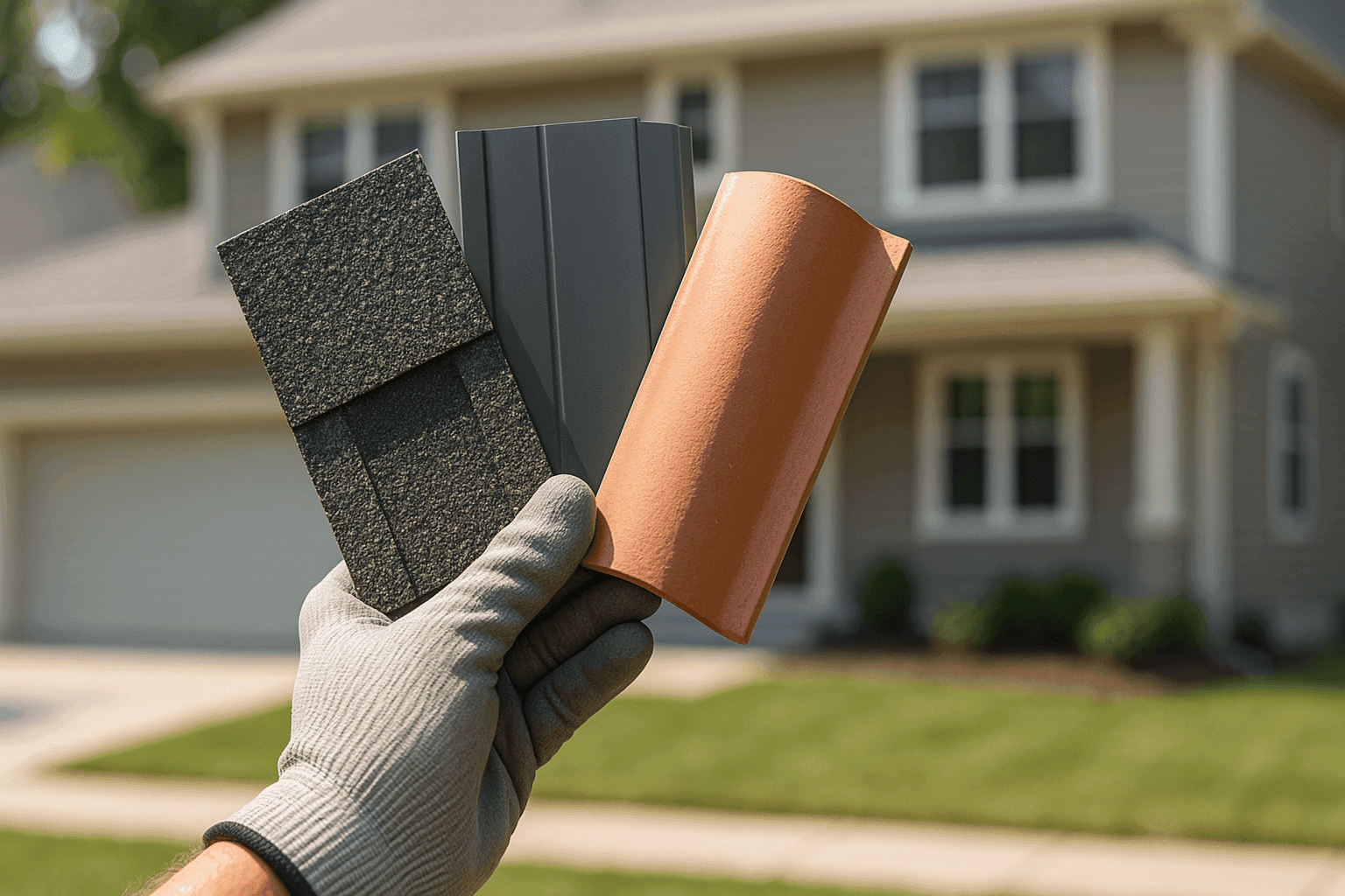 Comparison of roofing samples held up against a house