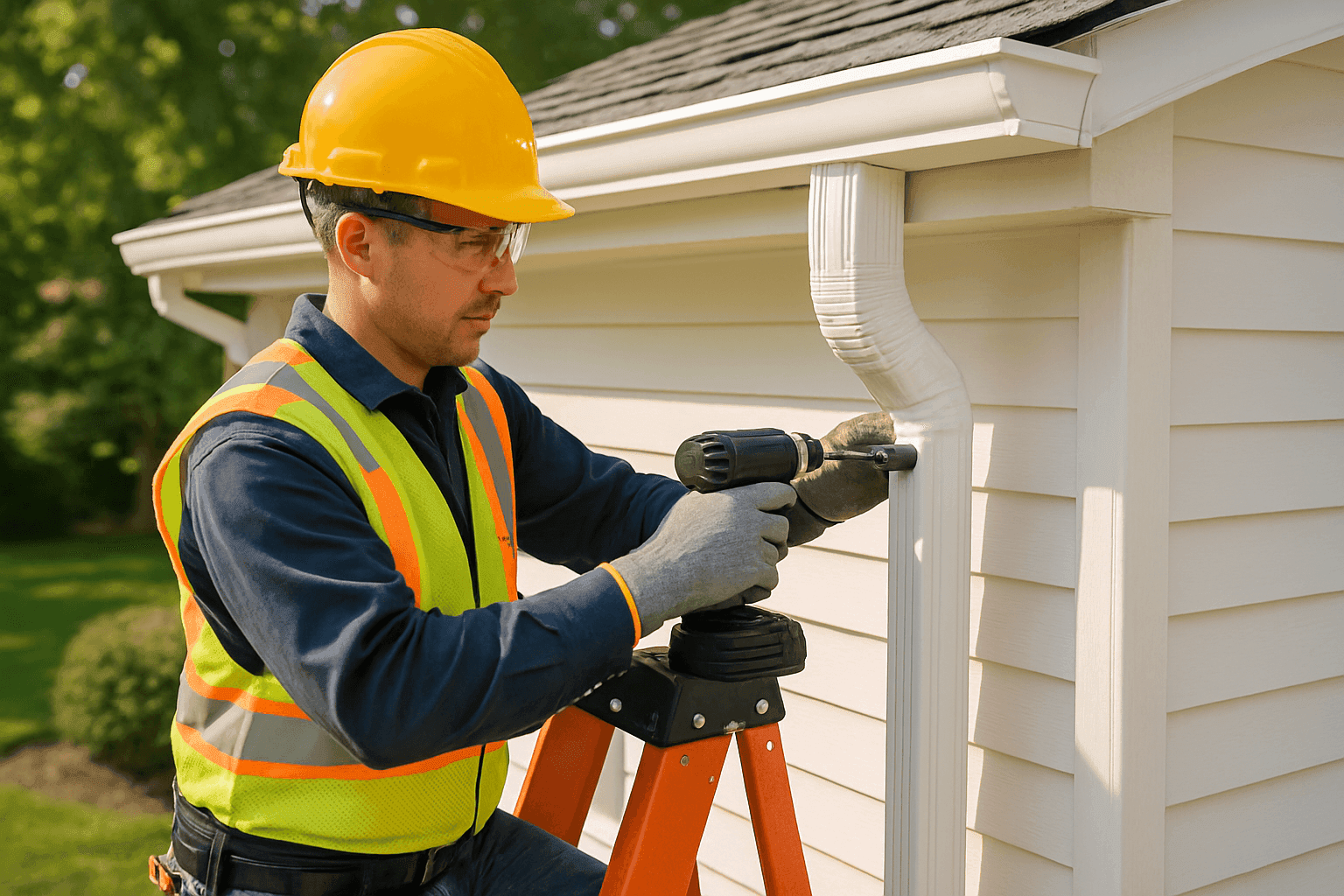 Technician attaching a new downspout to a home gutter system