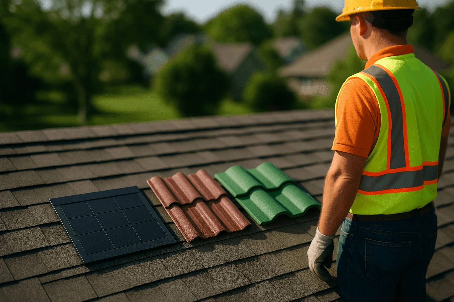 Eco-friendly roofing materials displayed on a rooftop