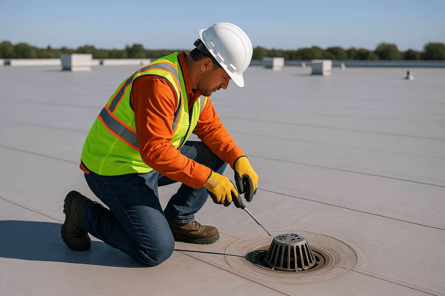 Technician inspecting a commercial flat roof under sunlight
