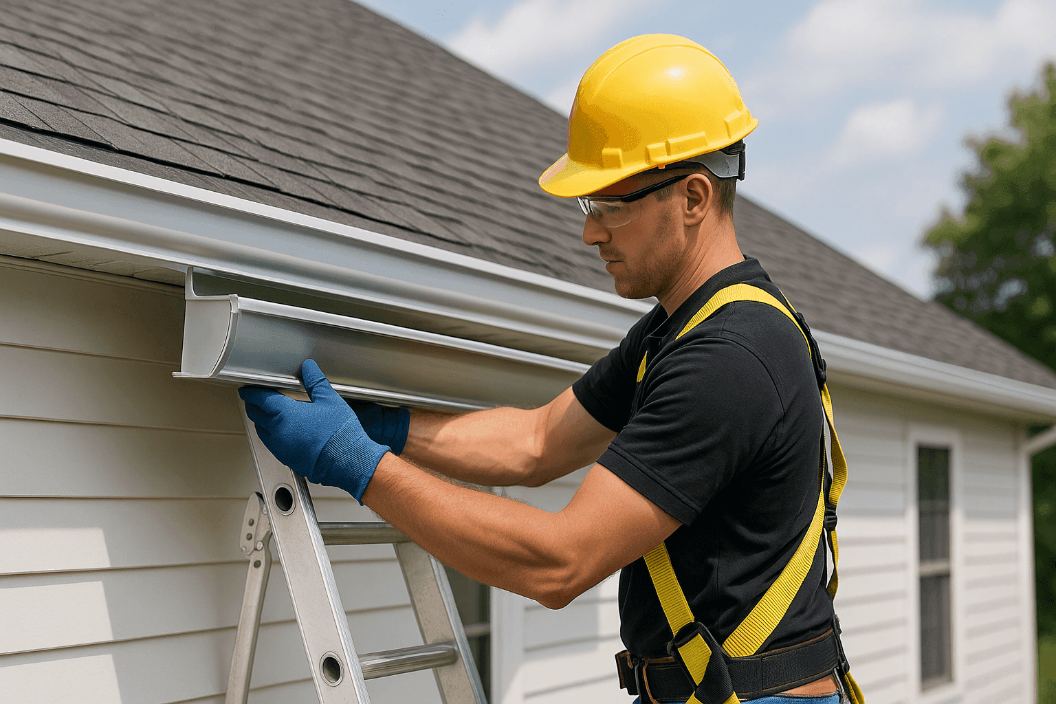 Technician installing new gutters on a two-story house