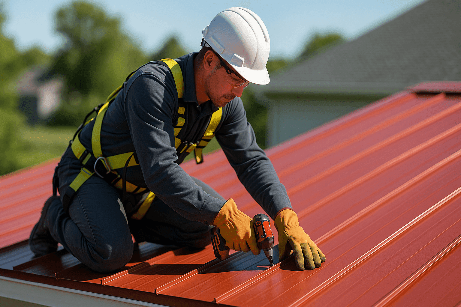 Technician installing standing seam metal panels on a roof