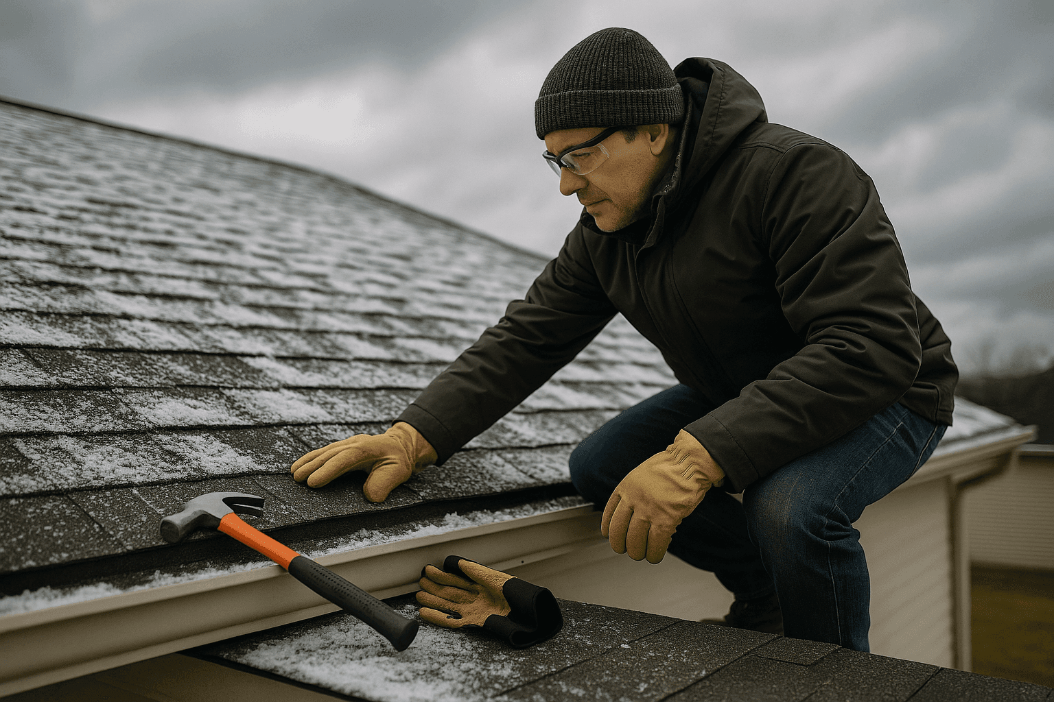 Homeowner inspecting snow-covered roof edge in winter