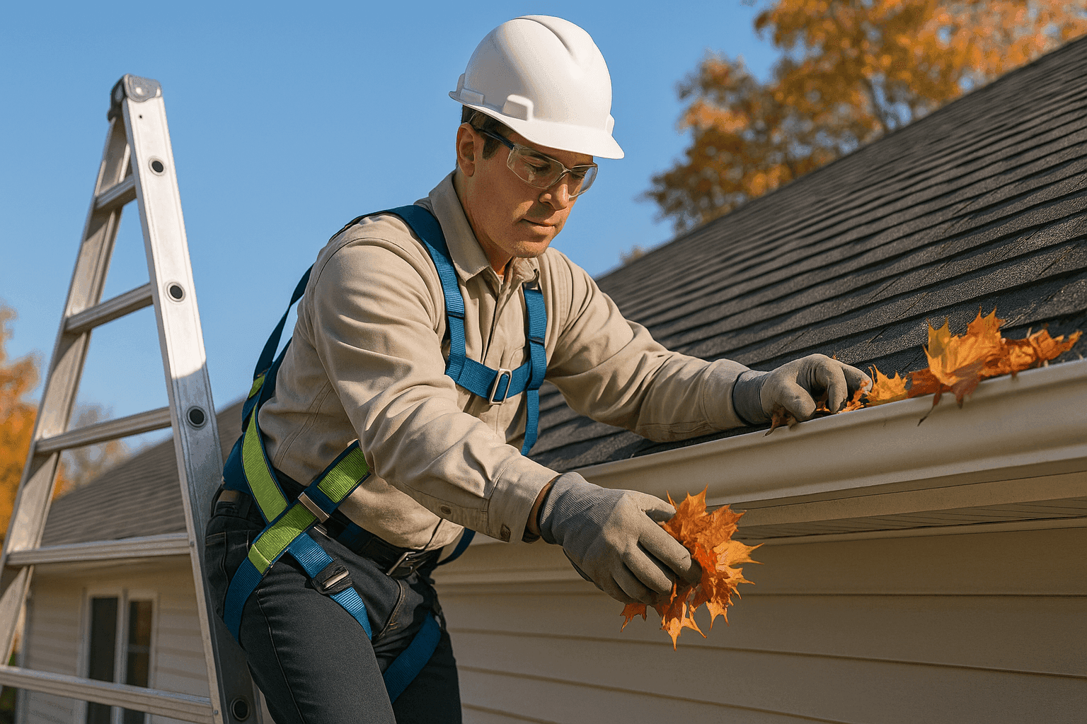 Homeowner checking roof gutters during fall