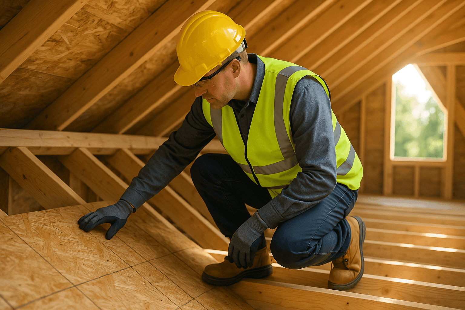 Technician inspecting roof decking with exposed rafters