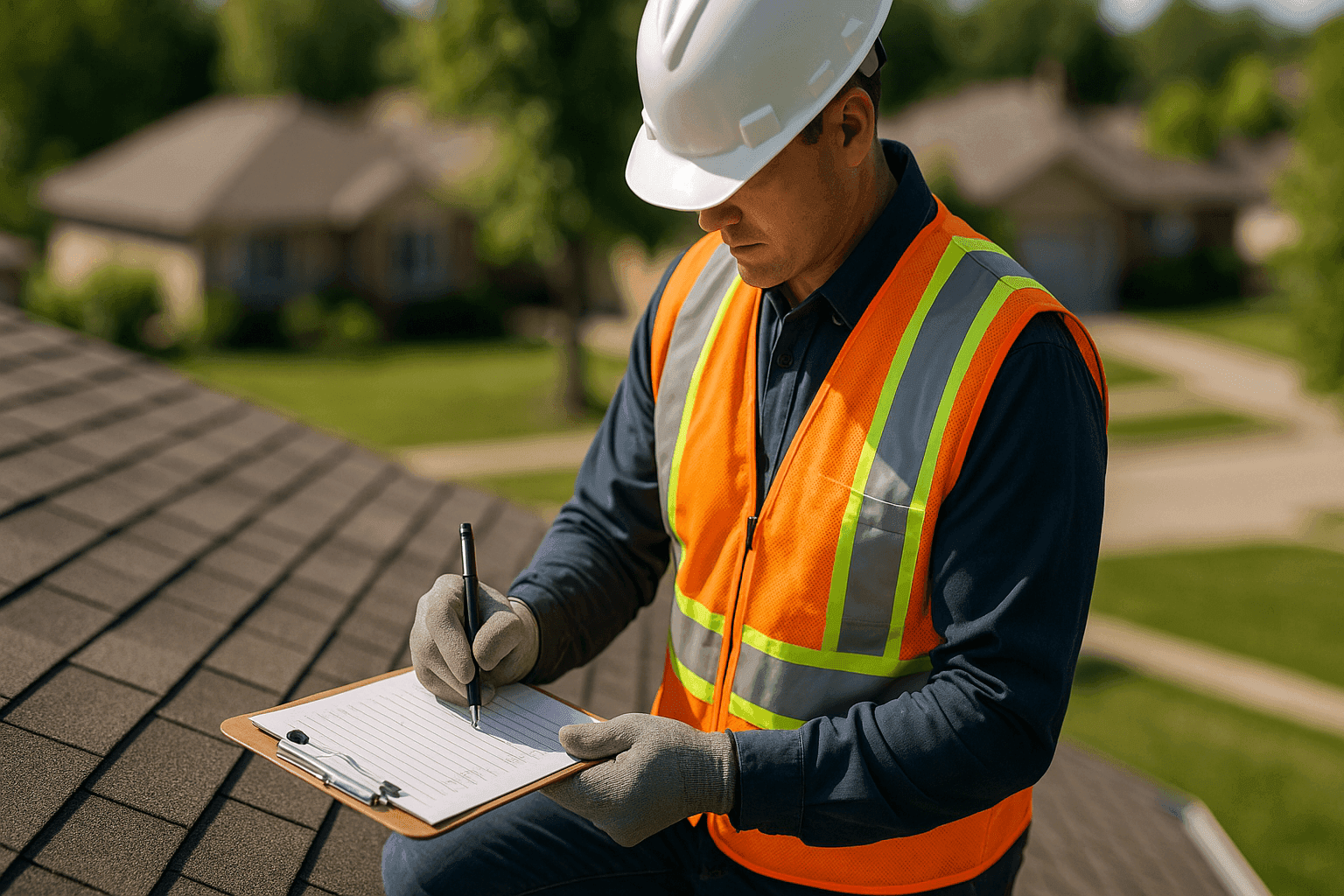 Inspector examining residential roof with checklist