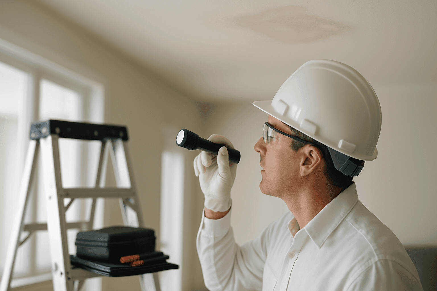Inspector examining ceiling stain for roof leak with flashlight