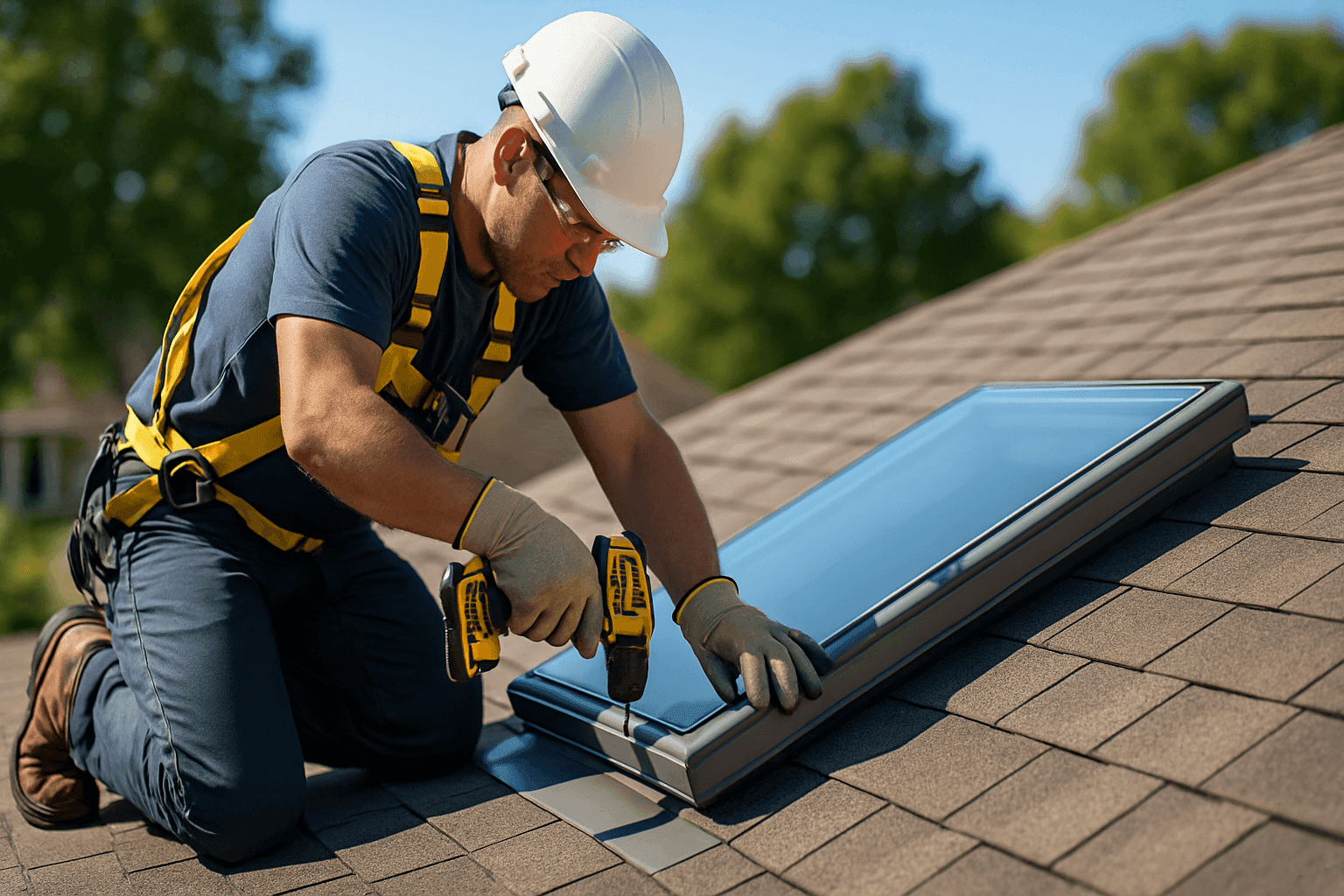 Technician replacing a skylight on a residential roof
