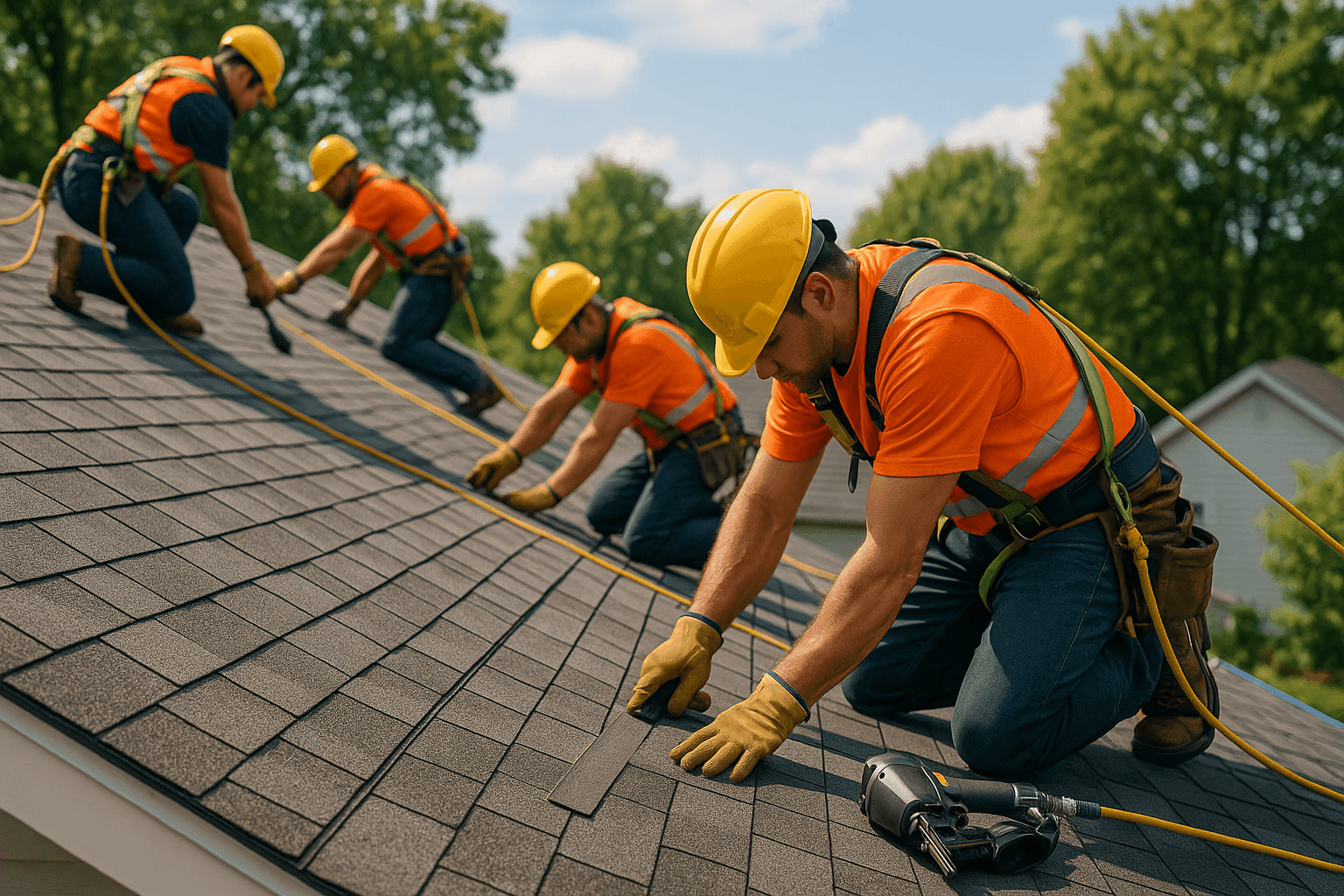 Roofers installing new shingles on a home